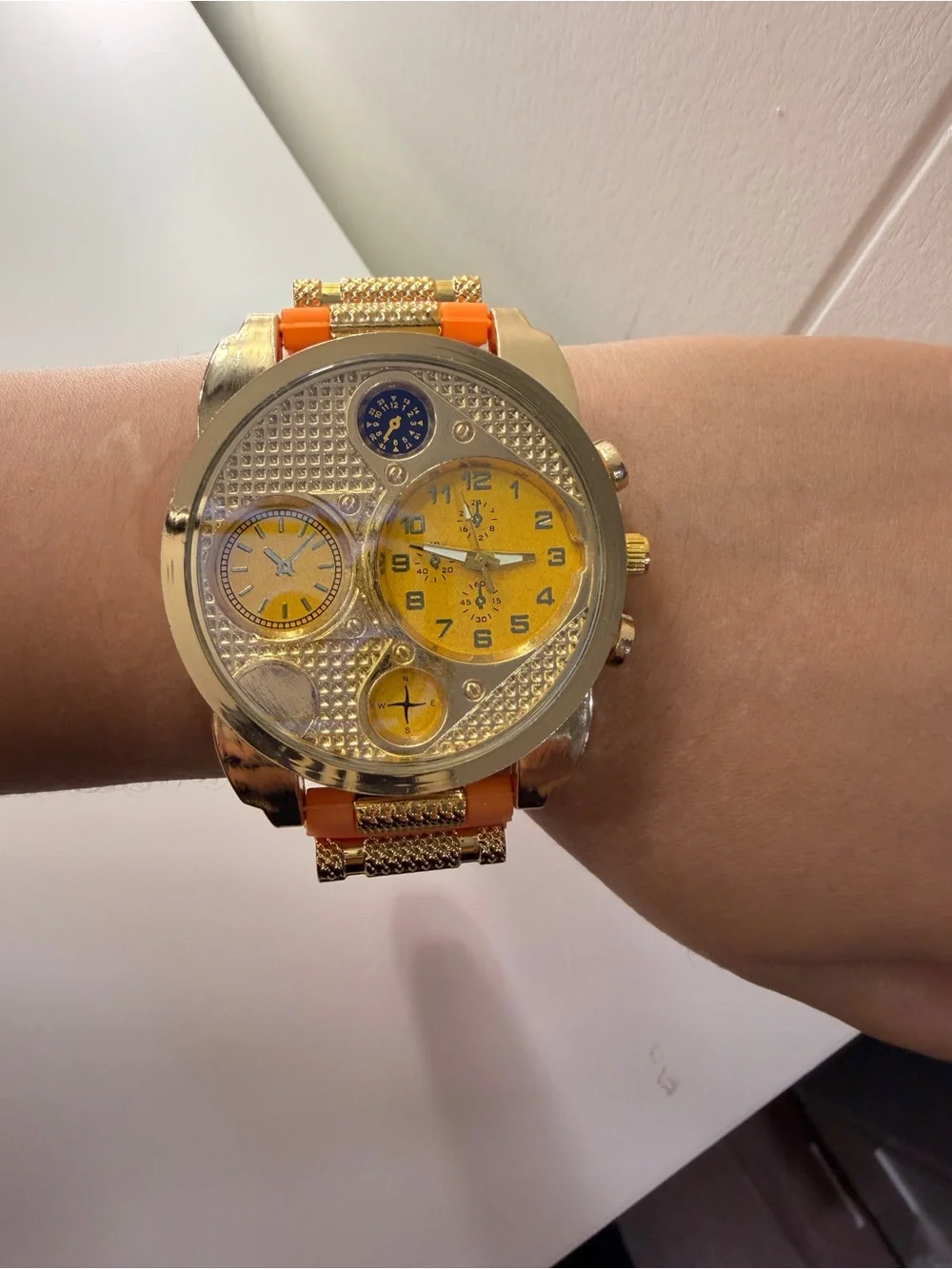 Gold Tone Quartz Analog Chronograph Multi-Dial Watch Orange Silicone Strap